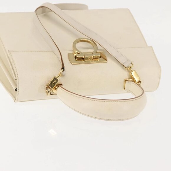 Salvatore Ferragamo Gancini Hand Bag Leather 2way White Gold Auth BA6323 - Picture 7 of 15